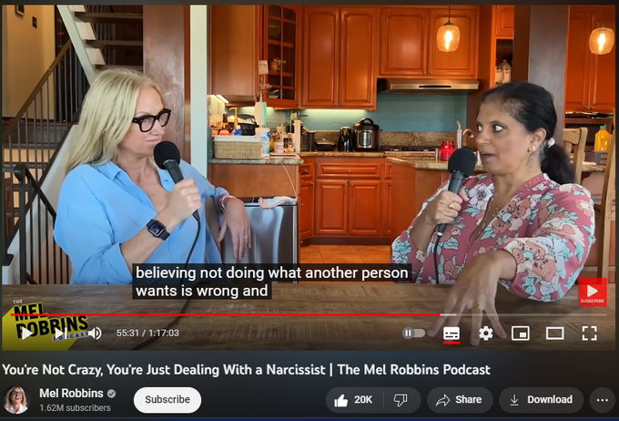 You’re Not Crazy, You’re Just Dealing With a Narcissist | The Mel Robbins Podcast
https://www.youtube.com/watch?v=1gS7uV6Bj0s
Narcissism is a term that gets thrown around a lot these days, so how do you know if you’re REALLY dealing with a narcissist?

You have been blowing up my email and DMs about this topic, so @DoctorRamani is here to answer your questions.

She’s the world’s leading expert on narcissism and someone I’ve followed and admired for years. I love how she breaks down the topic of narcissism in a way that’s understandable, simple, and packed with tools you can apply the second you learn them.

Listen in as she shines a light on the REAL definition of a narcissist and the 5 warning signs you need to know if you’re dealing with one.

This topic is so juicy – and so surprising – that you’re going to be shocked by what you learn. One part in particular will change how you approach narcissists in your life from this day forward.

That’s exactly what happened to me. I have som