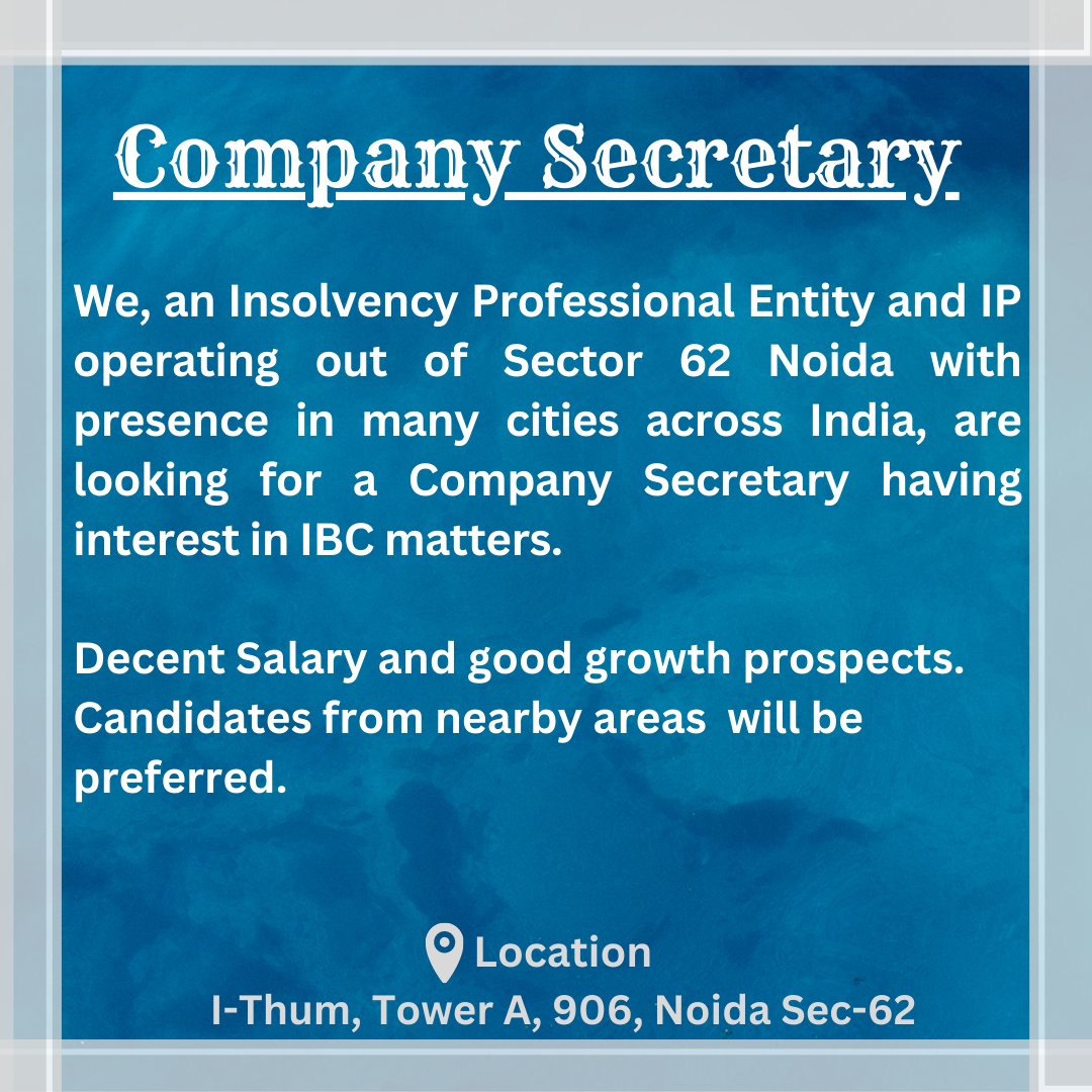 Looking Company Secretary
synergyinsolvency.com

#cs #companysecretary #hiring #ibc #ibc2022 #noidajobs #synergy #insolvency #InsolvencyandBankruptcy