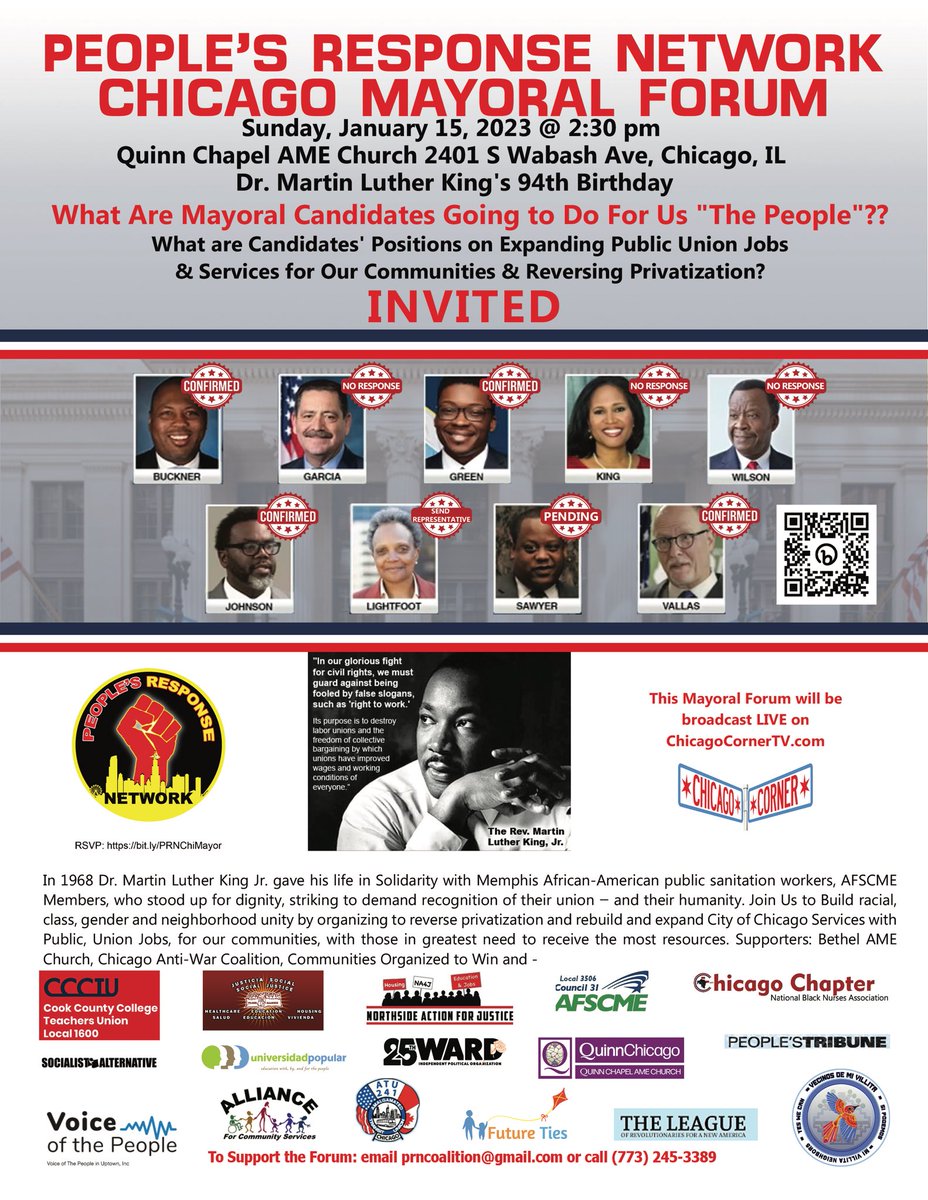 ThePeoplesResp3's tweet photo. 🗣Sun Jan 15 @ 2:30 - Mayoral Forum @ Quinn Chapel AME, 2401 S Wabash! RSVP https://t.co/wgxprZRMLy #chipol @DrWillieWilson @Brandon4Chicago @CTULocal1 @IndivChi_South @ChicagoWTA @chicagocornertv @WVON1690 @SeniorCaucus @SocialistAltChi @VillitaMi @UniverPopular @Alliance4Comm https://t.co/D7mkLile2d