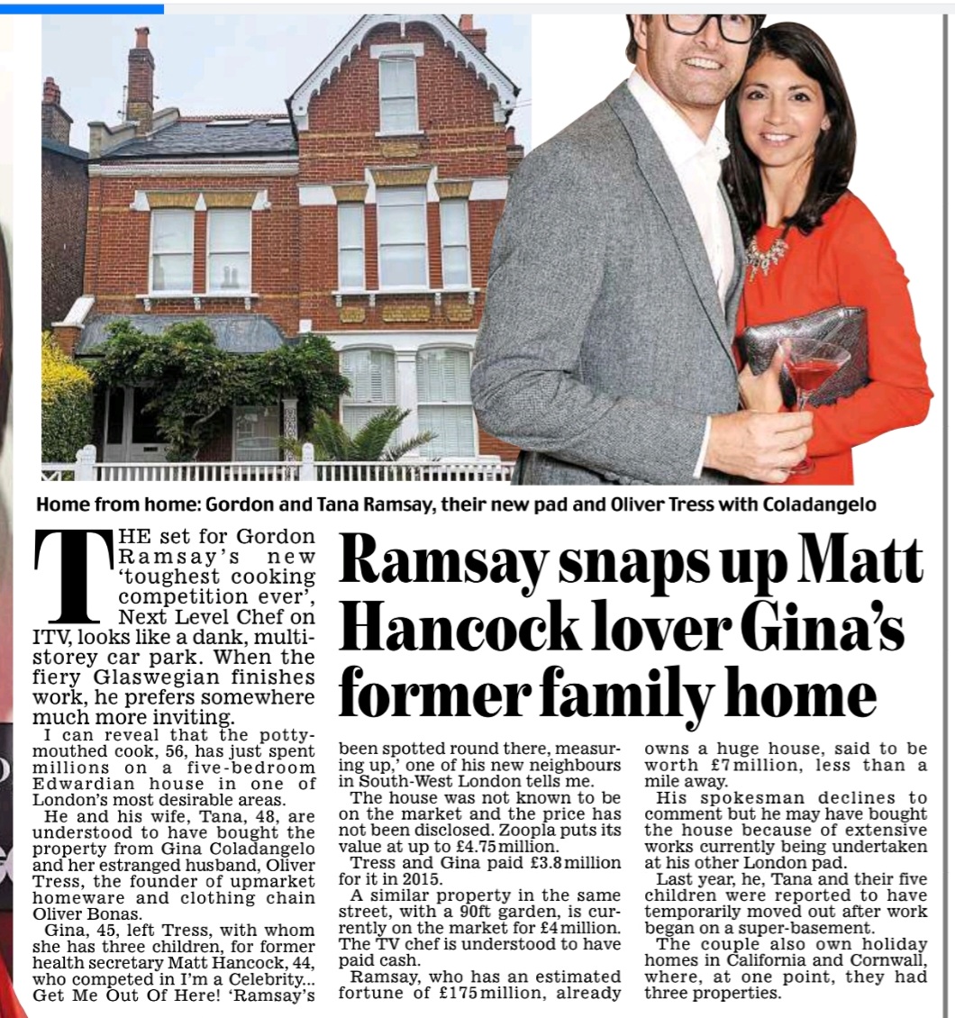 TV chef Gordon Ramsay buys marital home of Matt Hancock's lover, Gina. To read Saturday's Eden Confidential column in full, click on this link via @mailplus
https://t.co/qi2CNayZ5c https://t.co/sMaaTCx2yB