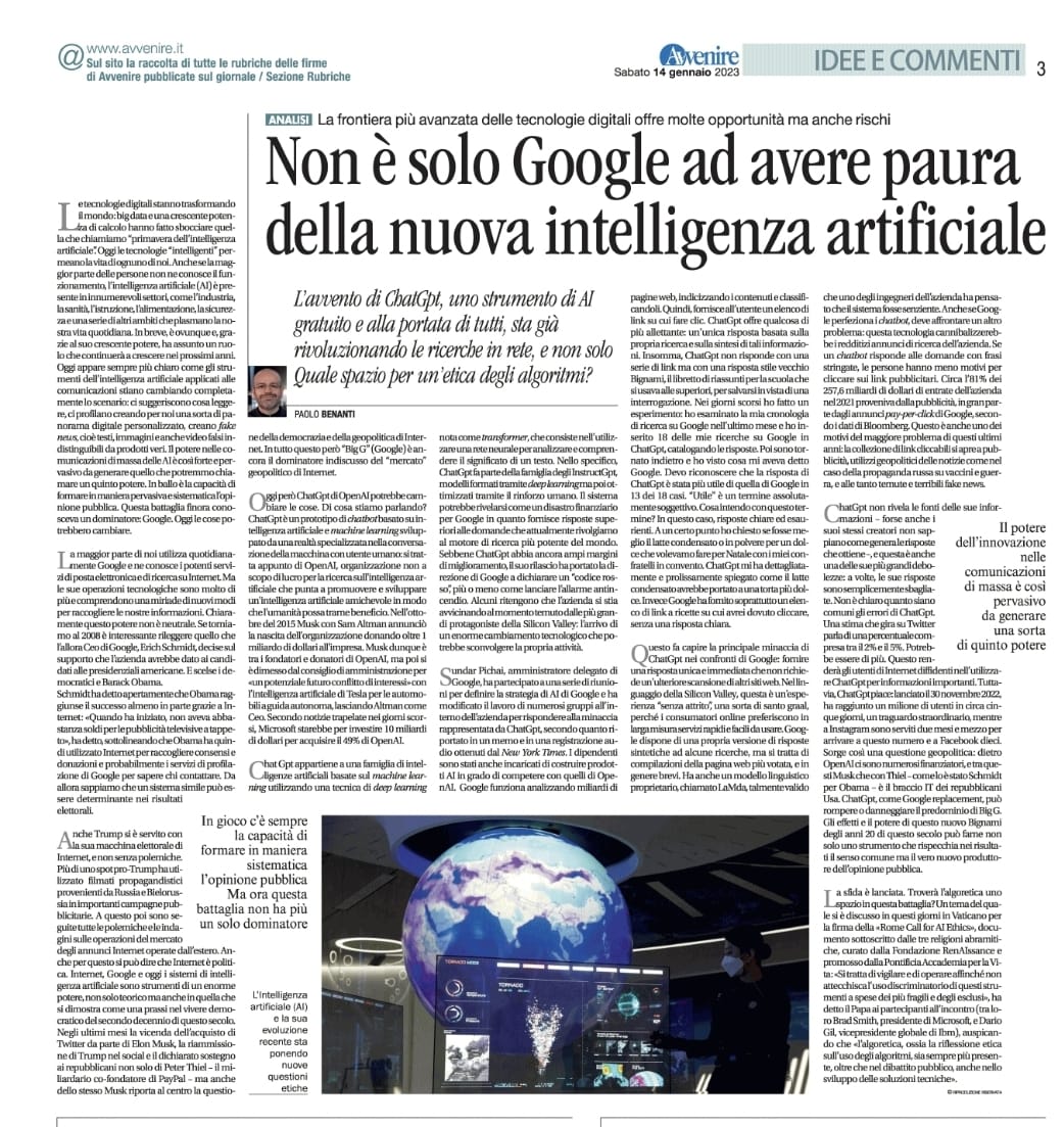L’avvento di ChatGpt sta già rivoluzionando le ricerche in rete, e non solo. Quale spazio per un’etica degli algoritmi? Opportunità e rischi

#ai #algorethics #algoretica #ethics #etica #artificialintelligence 

avvenire.it/opinioni/pagin…