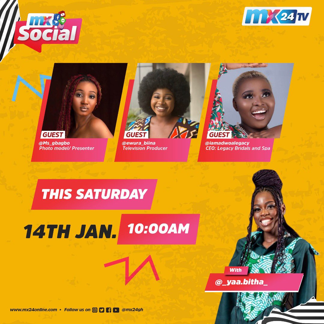 mx24gh's tweet photo. Let’s break down the trending stories on social media with @yaabitha and her guests @ms_gbagbo @ewura_biina @iamadwoalegacy
#mx24gh #funfearlessfactual #MXSocial https://t.co/54SOBIcLdJ