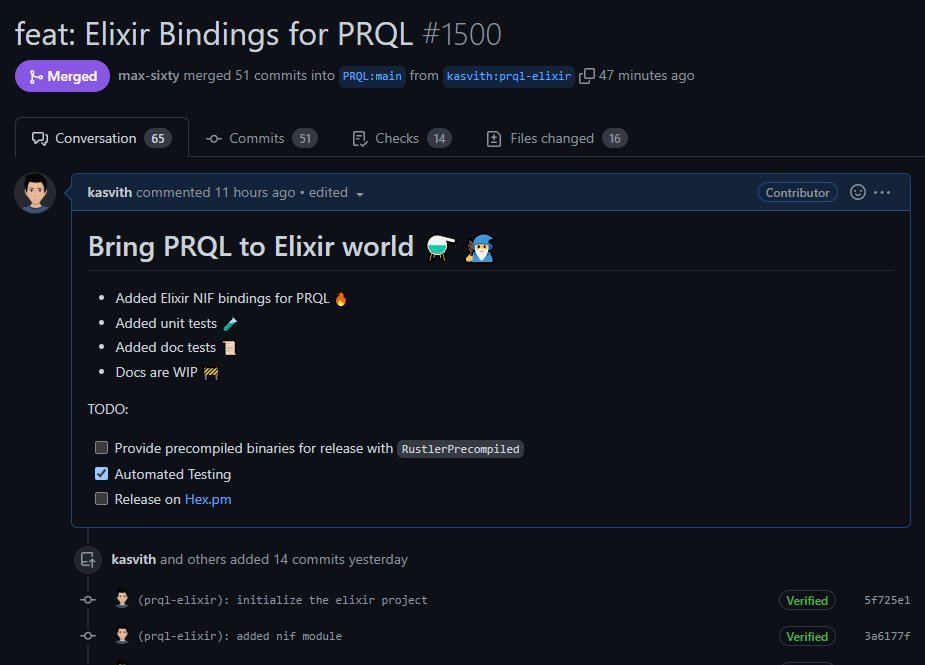 kasvith's tweet photo. #PRQL for #Elixir ⚗🧙‍♂️🦀
My first OpenSource PR of the year got merged into PRQL upstream 🚀

PRQL is a modern language for transforming data 😎

PRQL : https://t.co/lgnRaGvddK

#elixirlang #myelixirstatus #opensource https://t.co/WxTAfIis83