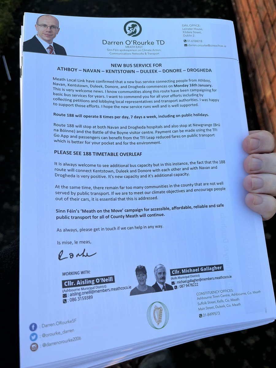 orourke_darren's tweet photo. Fresh morning in #Kentstown.
🚌 New 188 bus service starts on Monday serving Athboy-Navan-Kentstown-Duleek-Donore-Drogheda.
A long time coming but very, welcome. Well done to all who campaigned for it. Hopefully it will be a great success. https://t.co/PFSCVqgKvz