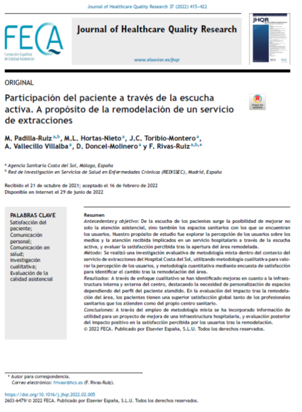 JHealthQualityR's tweet photo. 📰 Participación del paciente a través de la escucha activa. A propósito de la remodelación de un servicio de extracciones
✏️Original en el @JHealthQualityR #RevistaSECA #JHQR
👉 https://t.co/OEPE3NsGKl
✅#CalidadAsistencial #satisfacciondelpaciente #Comunicacion #cualitativa https://t.co/VVZSfTVgYD