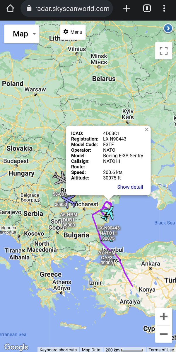 scan_sky's tweet photo. #USAF ๐บ๐ธ - Boeing KC-135T - 58-0071 - #BART21
Departed From Spangdahlem Air Base ๐ฉ๐ช ๐บ๐ธ & Routing To Romania ๐ท๐ด To Support โฝ -
#NATO - Boeing E-3A Sentry - LX-N90443 - #NATO11 https://t.co/dsKKzoSHuI