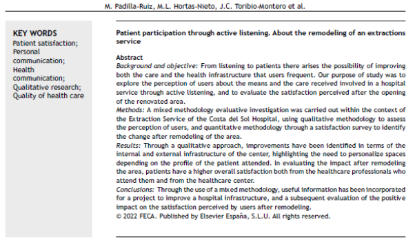 📰 Patient participation through active listening. About the remodeling of an extractions service
✏️Original en el <a href="/JHealthQualityR/">Journal of Healthcare Quality Research</a> #RevistaSECA #JHQR
👉 bit.ly/3iwxJ6I
✅ #QualityHealthcare #patientsatisfaction #personalcommunication #qualitativeresearch #extractions