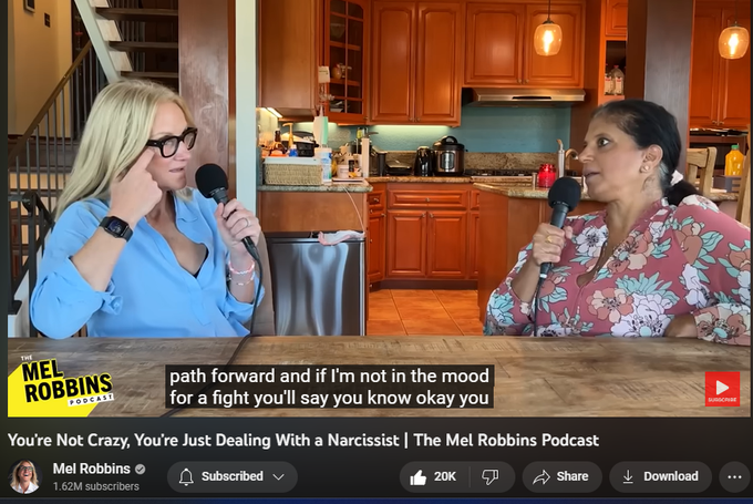 You’re Not Crazy, You’re Just Dealing With a Narcissist | The Mel Robbins Podcast
https://www.youtube.com/watch?v=1gS7uV6Bj0s
Time codes:
0:30 Meet Dr. Ramani 
3:30 Metaphor: You can’t change the weather 
4:13 WHY Narcissism is NOT a diagnosis 
10:50 Key Concept: Mental flexibility 
13:42 The definition of narcissism and common traits of a narcissist 
19:03 Key Concept: Narcissists are made in childhood, NOT born
29:54 Key Concept: The 5 warning signs someone is a narcissist 
37:15 The impact of a narcissistic parent figure on a child (into adulthood)
45:24 Key Concept: What you need to know if you have a narcissistic parent 
50:25 Tool: You have two choices when you are required to interact with a narcissist 
51:10 Why you should never confront a narcissist 
52:22 Role play: How to interact with a narcissistic parent or family member 
55:17 Tool: Live life following your True North to avoid guilt from a narcissist
56:47 Key Concept: How to protect yourself from narcissists
57:54 Tool: