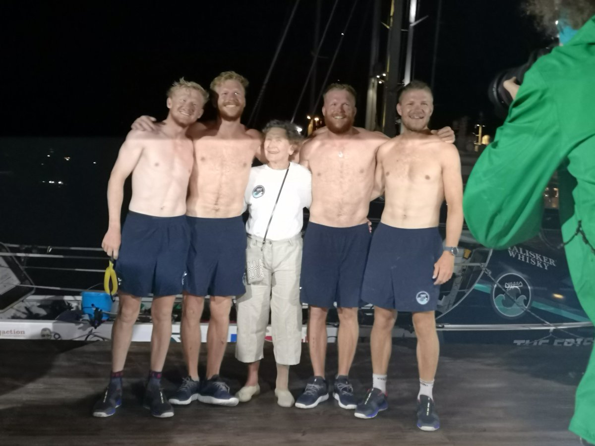 CarriePFord's tweet photo. Just landed the first ever 'team of brothers'! #thefriendhipcrew #TWAC2022 looking fit, healthy and impressively trimmed from #devon into the arms of cousins, girlfriends, mum and dad and granny Eppie after whom the boat was named. https://t.co/ZQqh8cRvt6