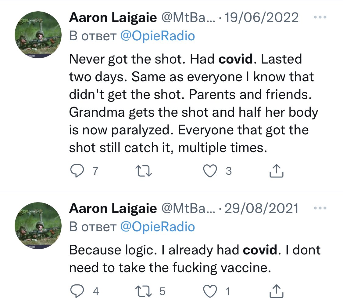 DeBunKerEtoiles's tweet photo. « 99,9% de taux de survie au Covid »
« Je n’ai jamais été vacciné et mon Covid n’a duré que 2 jours »

Le militant américain d’extrême droite Aaron Laigaie, du groupe fasciste des Proud Boys, antivax, est décédé du Covid il y a quelques jours. https://t.co/dZya5WNzQF
