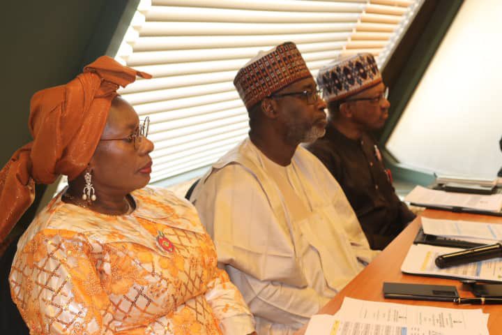 The Honourable Minister of Water Resources Engr Suleiman H.Adamu, FNSE, FAEng ( middle)  flanked by the Honourable Minister of Health Dr Osagie Ehanire(Right) and the Honourable Minister of Women Affairs,Mrs Pauline Tallen(Left) during the inauguration ceremony