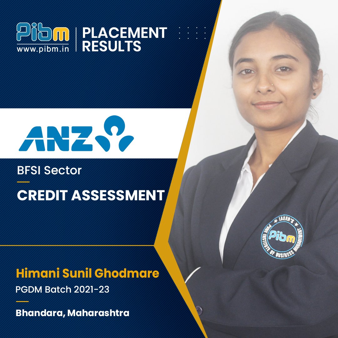 delighted_to's tweet image. RT @PunePIBM: We are delighted to announce that our student Himani Sunil Ghodmare of Batch 2021-2023 got successfully placed at ANZ Bank as a Credit Assessment.

#placements #PIBMPune #MastersWithPIBM #MBA #mbaplacement #mbajobs #PGDM #pgdmprogram #PIBMP…