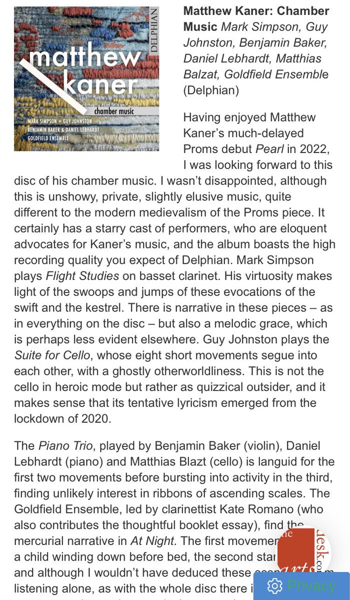 mattkaner's tweet photo. Thank you @bernardlhughes for this detailed and thoughtful review of my album for @theartsdesk! https://t.co/eNqq8bvsgo https://t.co/cyFLzxBKQi