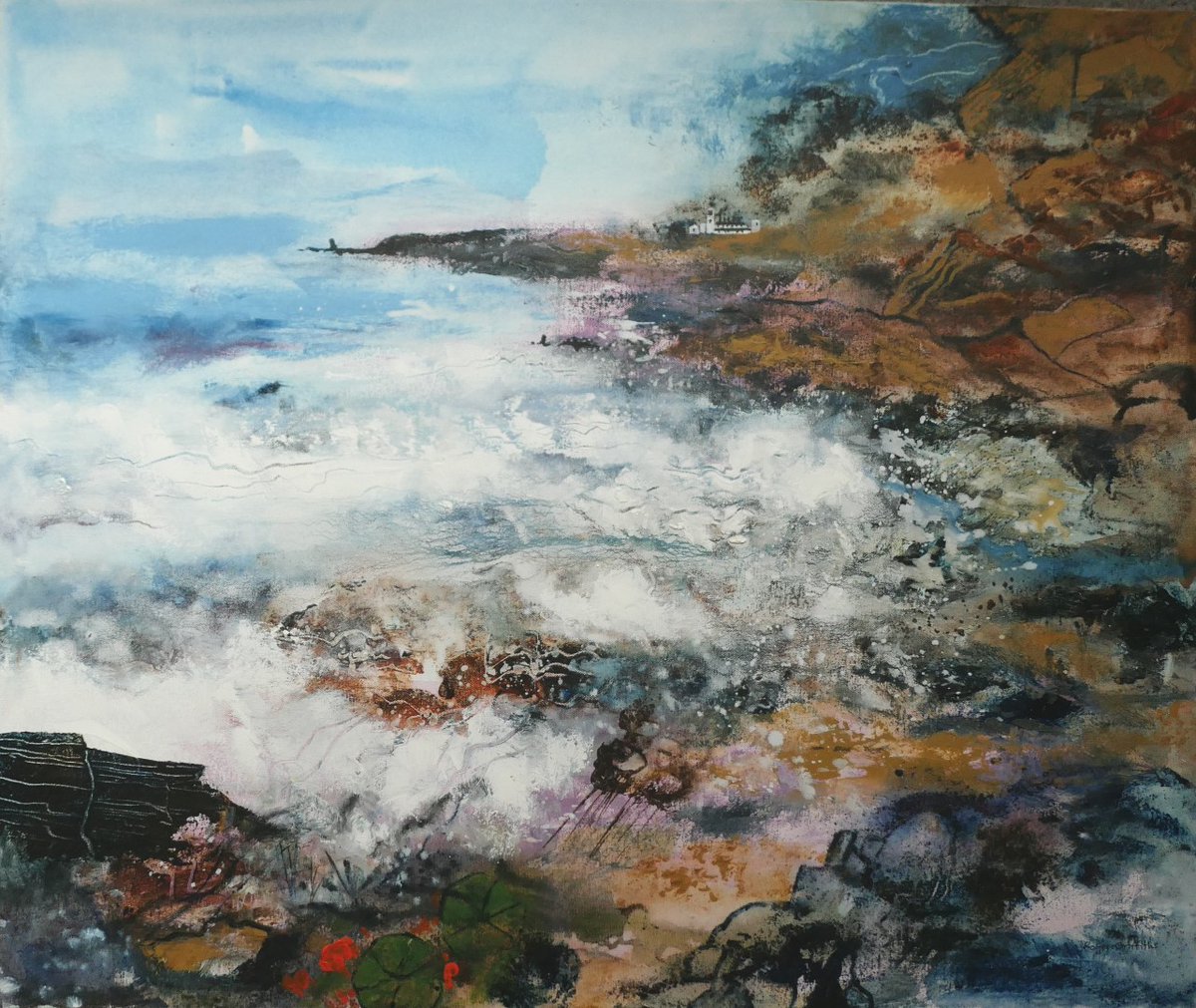 "The Lizard Cornwall" acrylic mixed media on canvas. The most southern part of English mainland, battered by the weather, this is a composite view after a walk over the clifftop paths on a windy and blustery autumn day. Nasturtiums were still in flower and the sea was agitated.