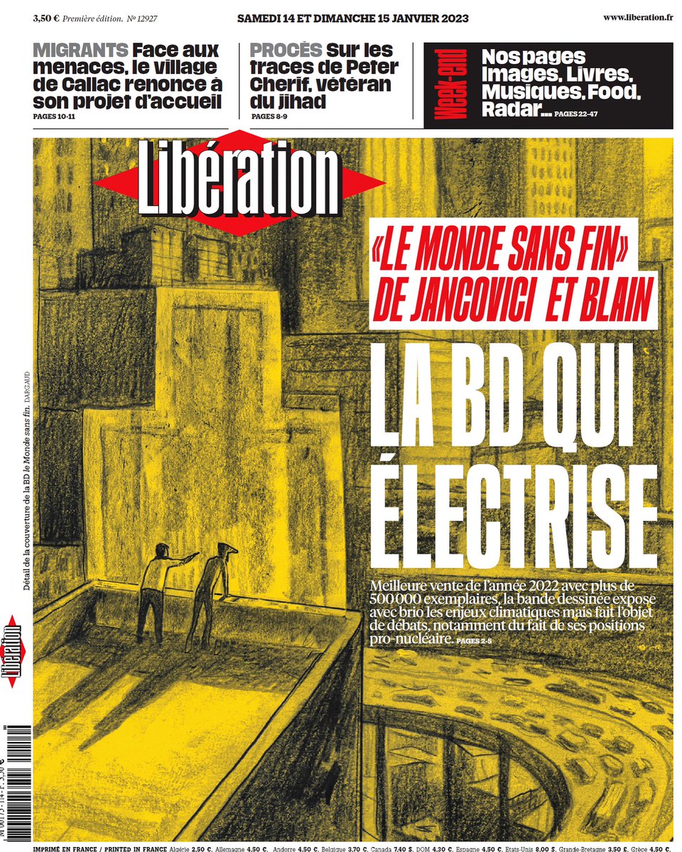 StephaneAznar's tweet photo. C’est assez bien inhabituel qu’une BD fasse à ce point l’événement - pose le débat - éveille les consciences…
LE MONDE SANS FIN 
Bd-Phénomène de #christopheblain et #jeanmarcjancovici
Une et dossier dans @libe ce jour 
Dans toutes les bonnes librairies.
🔥💫 @EditionsDargaud https://t.co/htmi6TMmTw