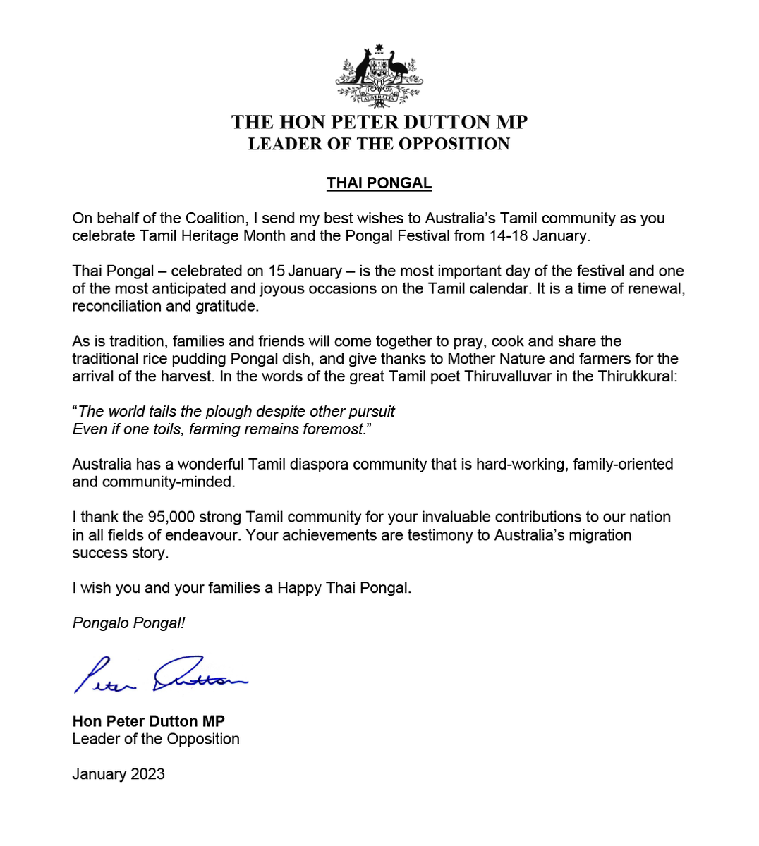 Hon_PeterDutton's tweet photo. On behalf of the Coalition, I send my best wishes to Australia’s Tamil community as you celebrate Tamil Heritage Month and the Pongal Festival from 14-18 January. Pongalo Pongal! https://t.co/Uy7ZAmX8yN