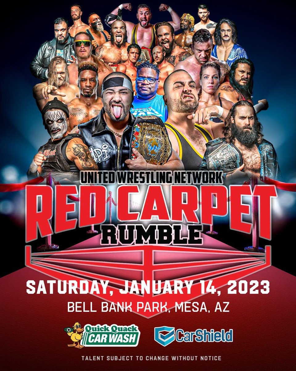 gcorsey's tweet photo. The card is stacked and I’m all packed. #FirstFlightOut @unitedwrestling here I come! Join us for the #RedCarpetRumble 🗓️ Sat, Jan. 14
🏟️ @BellBankPark
🌵 Mesa, AZ
✍️ Meet &amp; greet @ 5 pm
🛎️ Opening bell @ 6:30 pm
🎟️ https://t.co/wLva9eSeAV https://t.co/qRAKsrHAX8