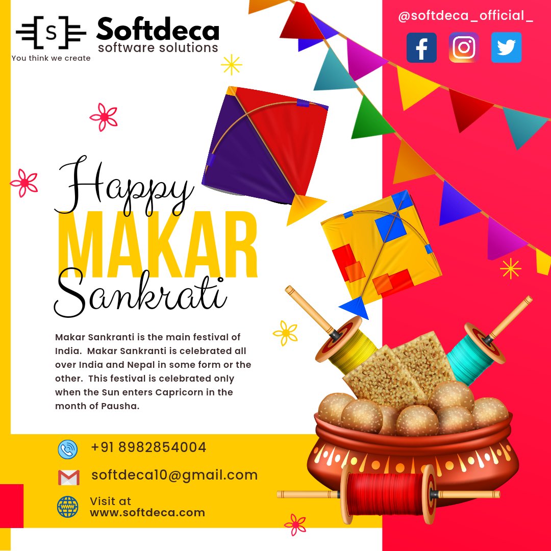 softdeca10's tweet photo. Happy Makar Sankranti to all from "SOFTDECA software solutions" Team.
#MakarSankranti2023 #festival #softdeca10 #Software #solutions #company #Services https://t.co/bCO9nFIqmk