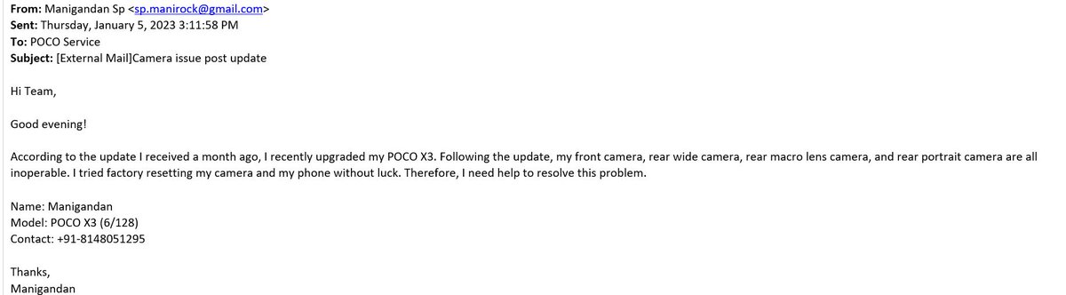 spmanigandan94's tweet image. My front camera, rear wide camera, and rear portrait camera are no longer functional due to the MIUI security patch update issue. Email escalated already, but that was useless. #pocoX3

#POCOupdateissue  #TrustBroken
@jain_nu @XiaomiIndia @POCOGlobal @IndiaPOCO @Xiaomi  @leijun