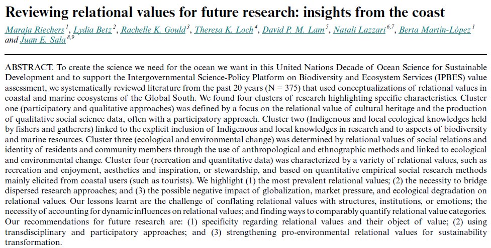 NEW PAPER: Reviewing relational values for future research: insights from the coast: We recommend to specify RVs &amp; the object of value; use #transdisciplinary approaches; strengthen proenvironmental RV for #sustainability transformation <a href="/MarajaRiechers/">Maraja Riechers</a>  ecologyandsociety.org/vol27/iss4/art…