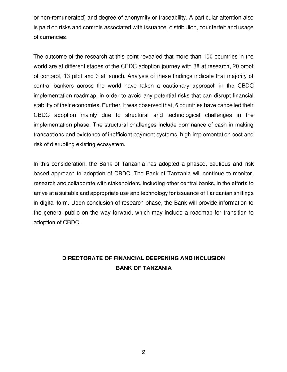 PUBLIC NOTICE: BANK OF TANZANIA PROGRESS ON CENTRAL BANK DIGITAL CURRENCY 
bot.go.tz/Adverts/PressR…