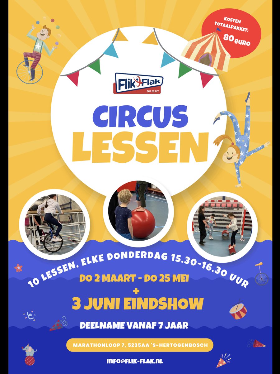 Altijd al een circus artiest willen worden? Schrijf je dan nu in voor de circus workshop van 10 lessen met als afsluiting een spectaculaire voorstelling tijdens boschbeweegt.nl 
Inschrijven kan via actiefindenbosch
lnkd.in/e7PUAwrw of info@flik-flak.nl