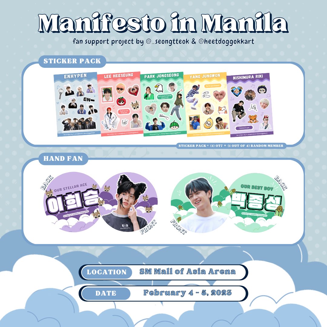 heetdoggokkart's tweet photo. ✶ Enhypen Manifesto in Manila Freebies ✶

— me and aly will be giving sticker packs and hand fan on feb 4 &amp; 5

╰ follow @heetdoggokkart &amp; @_seongtteok (for updates)
╰ like and rt
╰ limited qty, 1:1 ratio (sticker pack or hand fan)
╰ exact location tba

#MANIFESTO_IN_MANILA https://t.co/A3DpHJONrH