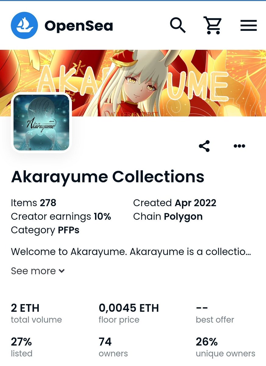 Let's introduce Akarayume Collection for those of you who don't know it yet🔥

°Akarayume collection
Start in April 22
2.3 ETH VT (Poly)
74 Owners
And 27% items listed (SM)

Are you interested in visiting it fams?? Check the link below !😍👍

#NFTs #VERTICALNFT #NFTCommunity
#NFT