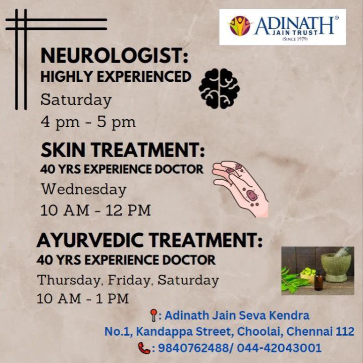 adinathtrust's tweet photo. Adinath Jain Trust provides 
1. Skin Treatment
2. Ayurvedic Treatment
3. Neurologist 

We are located at Choolai,for all the services required for all the people at FREE of cost.
Contact: 9840762488 
#neurologist #skintreatment #ayurvedicmedicine #dmingenio #Chennai #jain #AJT https://t.co/LZKmoXBhwm