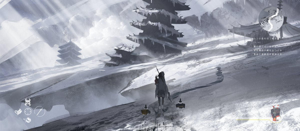 狐面の主人公が冬の中を旅するゲーム
