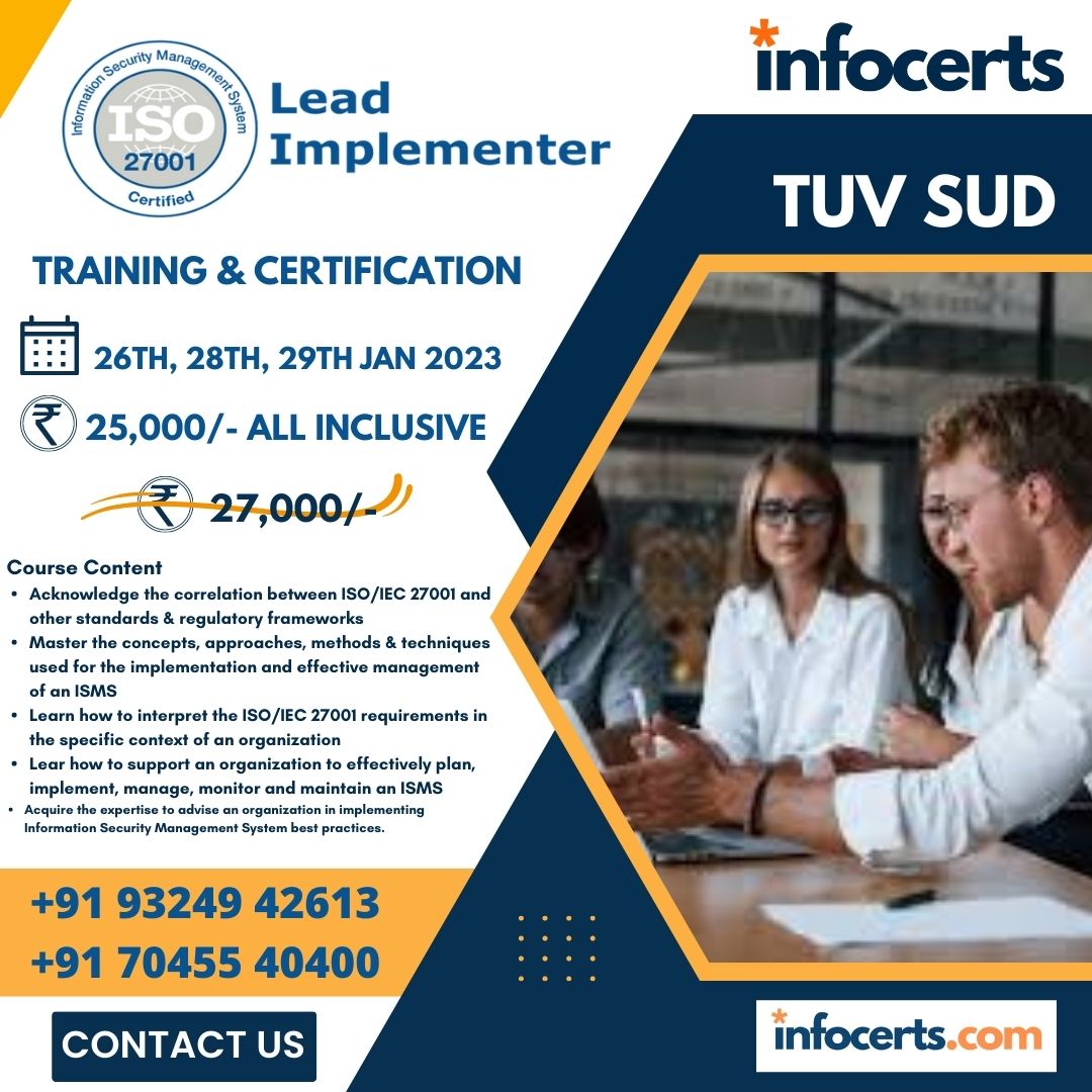 Learn at the comfort of your own home 'ISO27001 Lead Implementer Training & Certification by TUV SUD'

➡ infocerts.com/iso-27001-cert…
.
#ISO #LeadImplementer #ISO27001LeadImplementer #TUVSUD #INFOCERTS #LiveCourse #TrainingandCertification