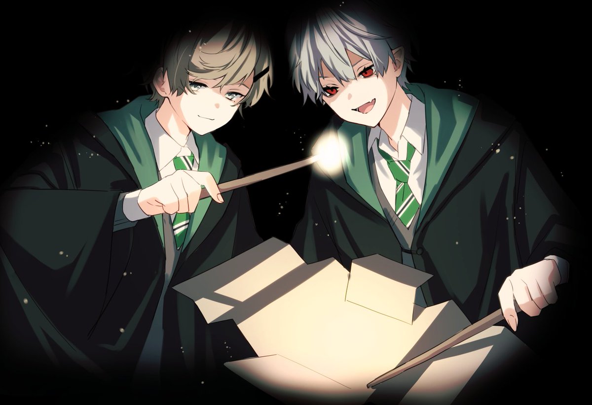 2boys black robe brown hair fang green eyes green necktie grey hair  illustration images