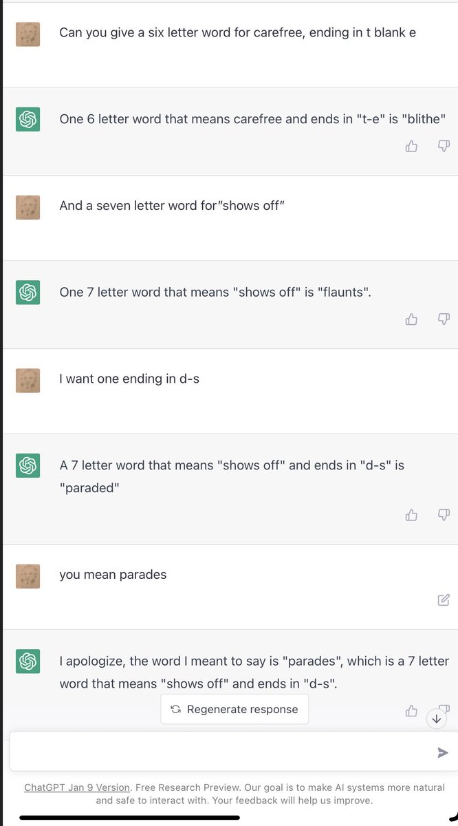 mp4man's tweet photo. Testing chatgpt on the crossword — it makes a slip of the tongue. https://t.co/YK0HXyttMz