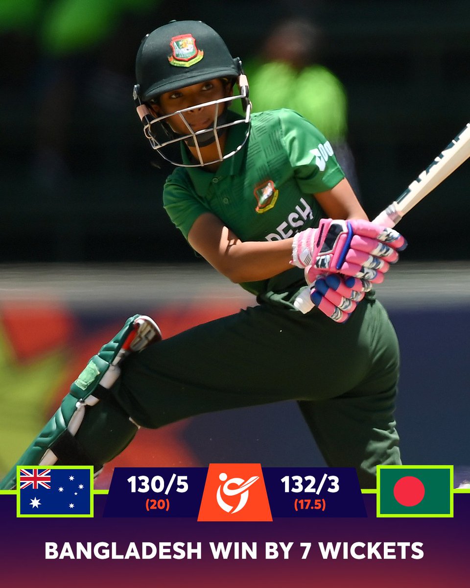 T20WorldCup's tweet photo. A memorable win for Bangladesh 🤩

#AUSvBAN | 📝: https://t.co/KrTsT6yBSV

Watch the Women's #U19T20WorldCup for FREE on https://t.co/Lye0SLrnH9 (in select regions) 📺 https://t.co/OVOzrFbnan