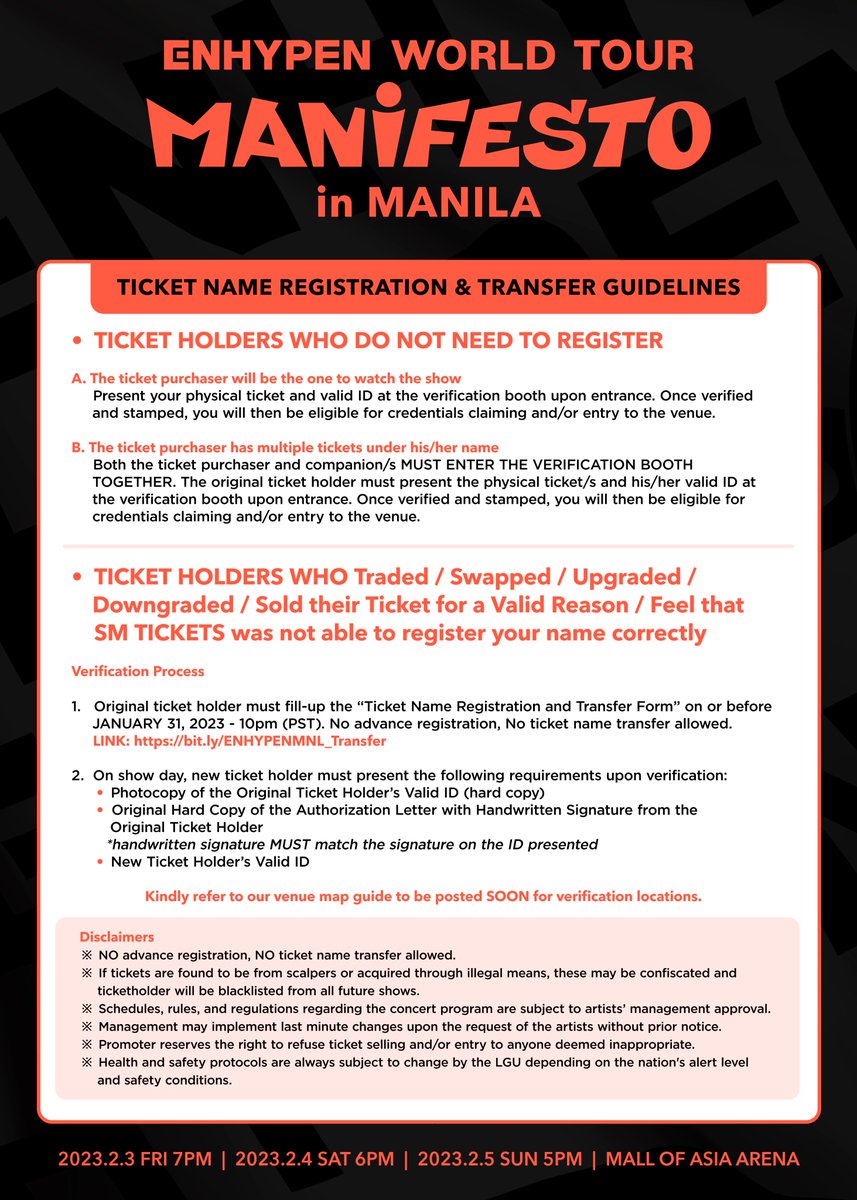 pulpliveworld's tweet photo. We've prepared the guidelines you need for ticket name registration and transfer for #MANIFESTO_IN_MANILA ticket holders. Make sure you read and understand so we get Future Perfect show days 🧡

Access to the form is right here: https://t.co/K9VDhpaJRc https://t.co/HeTc3ZWMuf