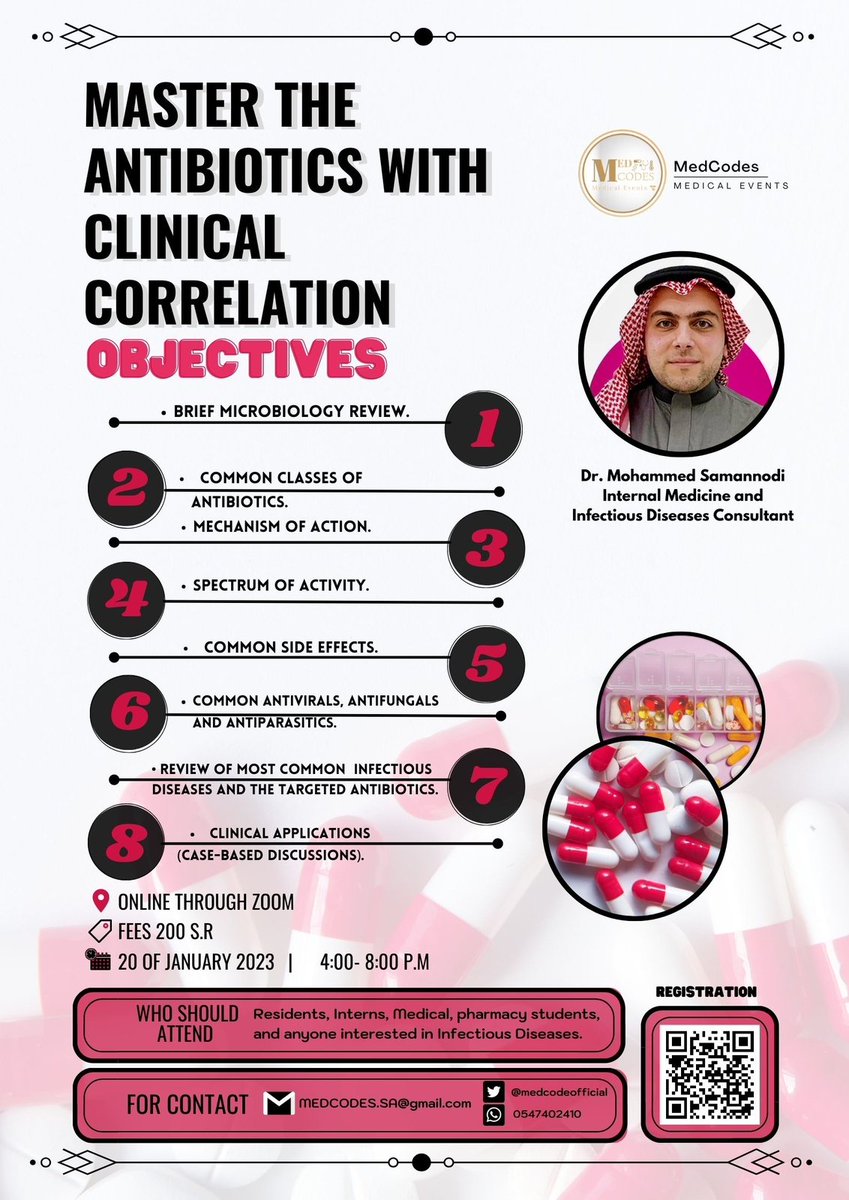 Medcodeofficial's tweet photo. ✨Master the antibiotics with clinical correlation ✨

🛑 presented by:
@DrSamannodi
Internal Medicine and Infectious Diseases consultant

🗓️ 20 of January
🖥️Online

🔴Regestration Form🔴
https://t.co/x2d3enqjaA
WhatsApp only ⚪
https://t.co/wuLBHyJDW9 https://t.co/4HoXpDyZfp