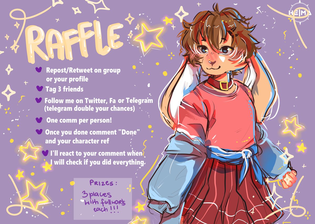 GuggyHeima's tweet photo. ❗️❗️❗️RAFFLE TIME❗️❗️❗️
Thanks to 100 on FA and 200 on Twitter 
💖RULES:
💜Repost/Retweet on group or your profile
💜 Tag 3 friends
💜 Follow me
💜 Once you done comment "Done" and your character ref
💜MORE BELOW YOU MUST CHECK
💜 To Feb 13th
#Giveaway #raffle #furry #art #artist https://t.co/VvJEBHfDim