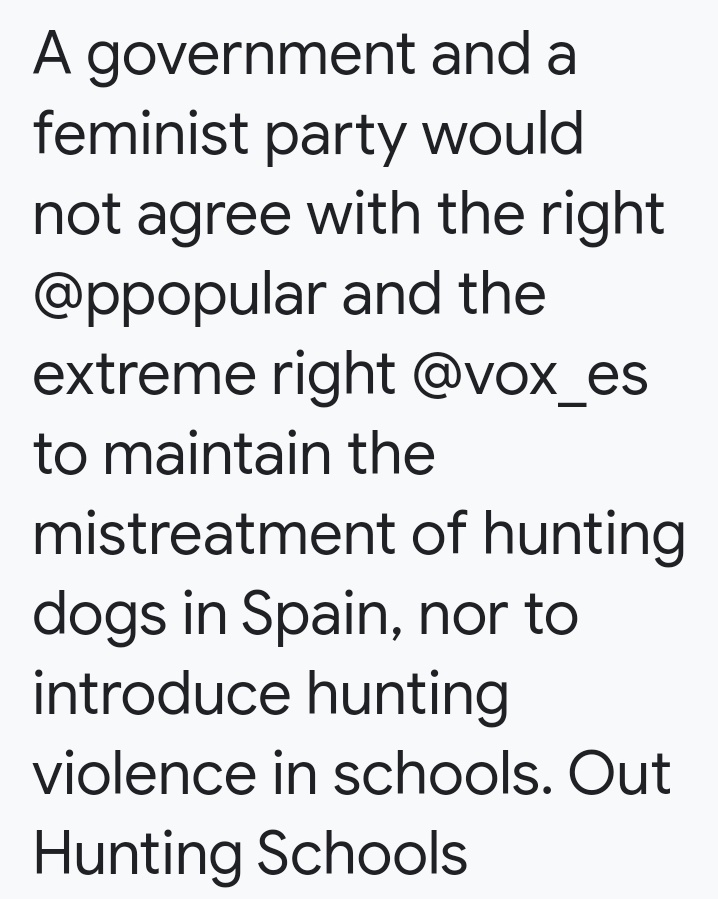 EcoloxistasSaMo's tweet photo. @sanchezcastejon @isabelrguez @CristinaNarbona @Pilar_Alegria @NadiaCalvino @mjmonteroc @PSOE Un gobierno y un partido feminista no pacta con la derecha y la extrema derecha la violencia hacia los perros de caza, ni la caza en las escuelas.

@SergeiStanishev
@Act4AnimalsEU
@PES_PSE
@Europarl_EN
@EU_Comission
@RobertaMetsola
@Paschald
#OutHuntingSchool
#SameDogsSameLaw https://t.co/FPsD5MaTeM