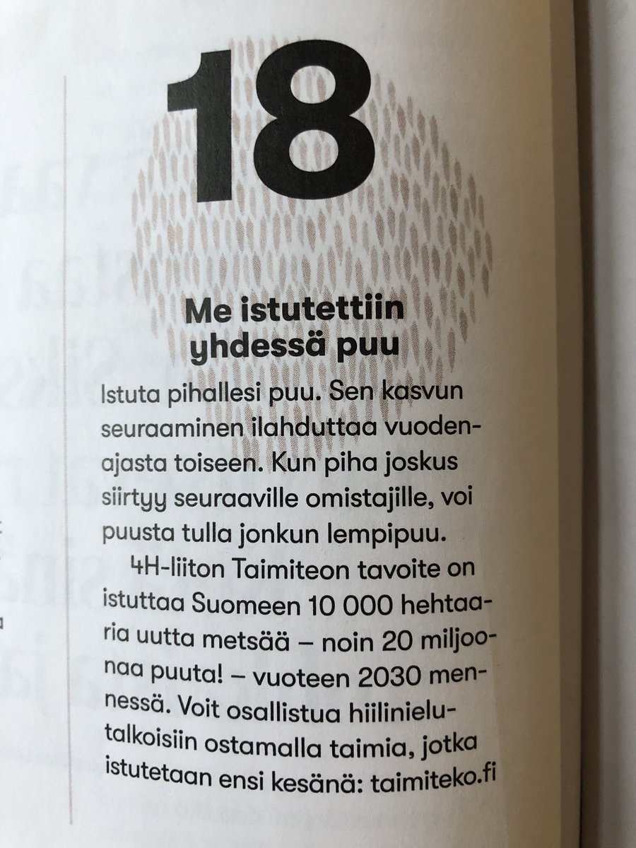 Olipa ilahduttavaa huomata, että <a href="/taimiteko/">Taimiteko</a> on nostettu 25 hyvää tekoa itselle ja muille -vinkkilistalle! Taimikauppa on auki! Ensi kesänä taas istutetaan monilla paikkakunnilla nuorten kanssa! taimiteko.fi @4HSuomi
