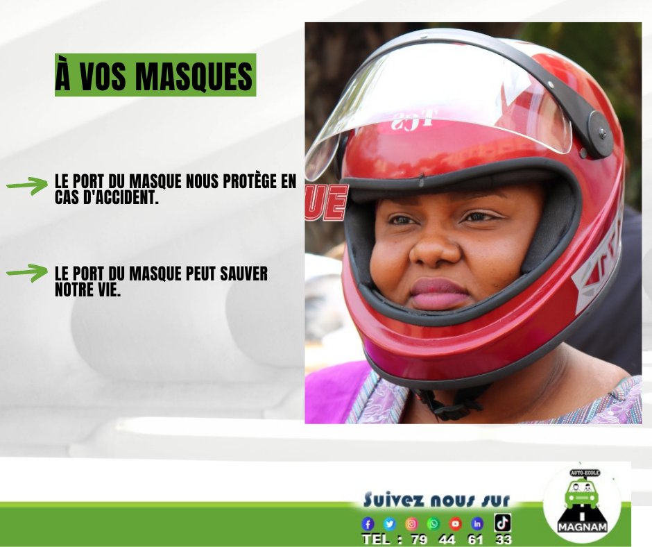 MagnamAuto's tweet image. MAGNAM participe à la campagne de sensibilisation pour le port du masque.

"ALLAH KAMA, AYÉ CASQUE DÔ"👩‍🚀

👉P@RT@GEZ POUR SENSIBILISER LES AUTRES

#SécuritéRoutièreCeintureMali2022 #autoécole #Magnam #Mali #SécuritéRoutière #savoirconduire