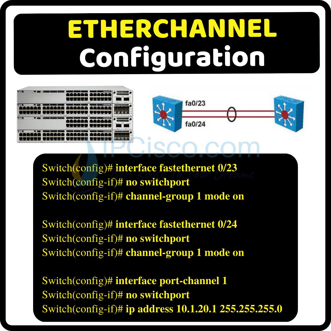 ip_cisco's tweet photo. 3 Steps | Etherchannel Configuration!
.
CCNA 200-301: https://t.co/nSyhDqwn4l
.
Please ReTweet:)
.
#ccna #cisconetworking #Cisco #networkengineer #ciscoswitch #networkadmin #etherchannel https://t.co/kkjerxOaHR
