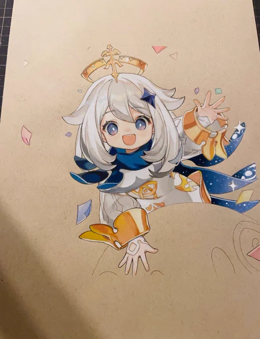 パイモン完成!!風スライムどうしようかな…#wip #Paimon #Genshin #色鉛筆 #模写 