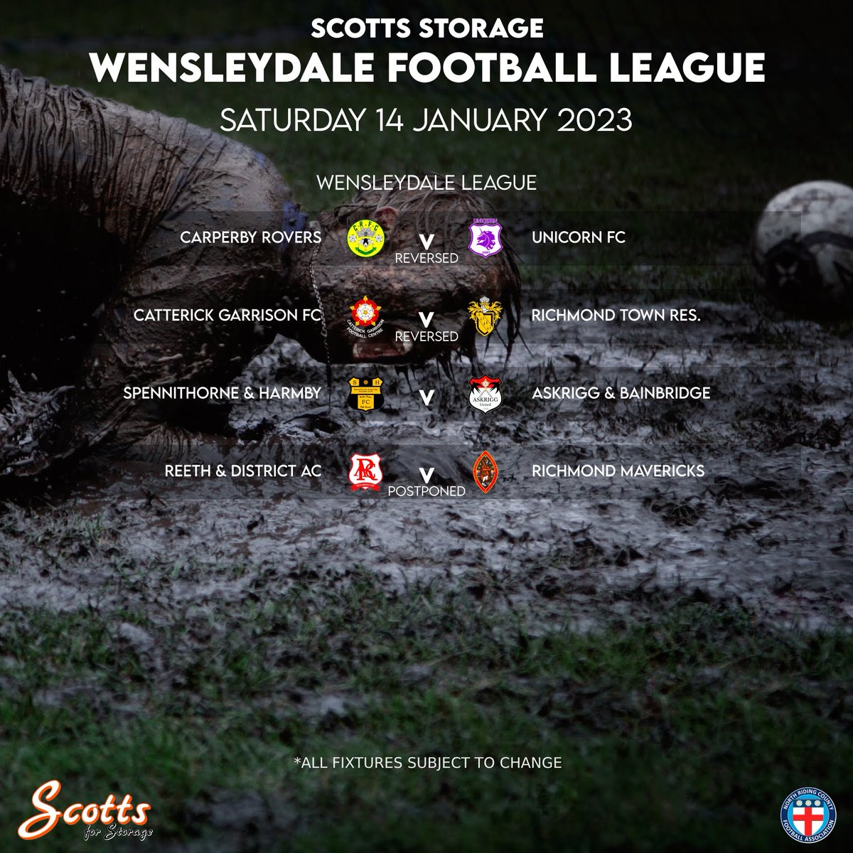 This weekends fixtures! Please note Reeth vs Mavericks is off due to a waterlogged pitch. And a couple of games have been reversed #grassroots #wensleydale #wensleydaleleague