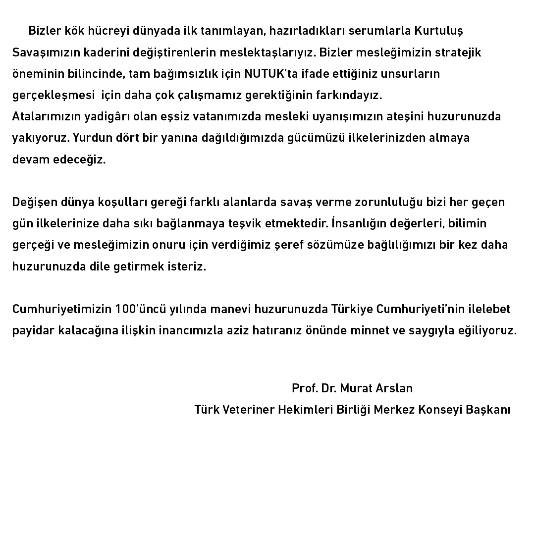 merkezkonseyi's tweet photo. Türkiye Cumhuriyeti’nin Kurucusu Büyük Önder Atatürk, 
Türk Veteriner Hekimleri Birliği olarak huzurunuzda olmaktan gurur duyuyoruz. Yeni devraldığımız görevimizin gerekliliklerini yerine getirirken “Vatanını en çok seven görevini en iyi yapandır” sözünüzü daima hatırlayacağız. https://t.co/T4szxvRPrR