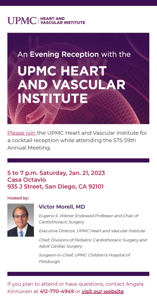 Calling all @UPMC_CTSurgery alumni and friends headed to San Diego for the 59th Annual Meeting of the @STS_CTsurgery!  See you Saturday, 1.21.23, 5-7pm!  DM to RSVP @IbrahimSultanMD @okusanyamd @CoyanGarrett @TSRA_official @ThoracicStudent @PittAlumni @PittMedAlum