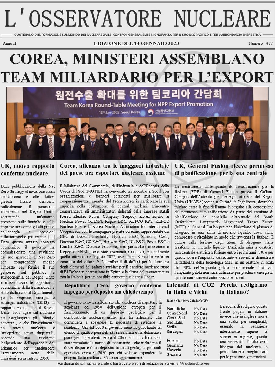 NuclearObserver's tweet photo. Ultime Notizie del 14 Gennaio 2023
#nucleare #energia #corea https://t.co/9wM9J6KQ9f