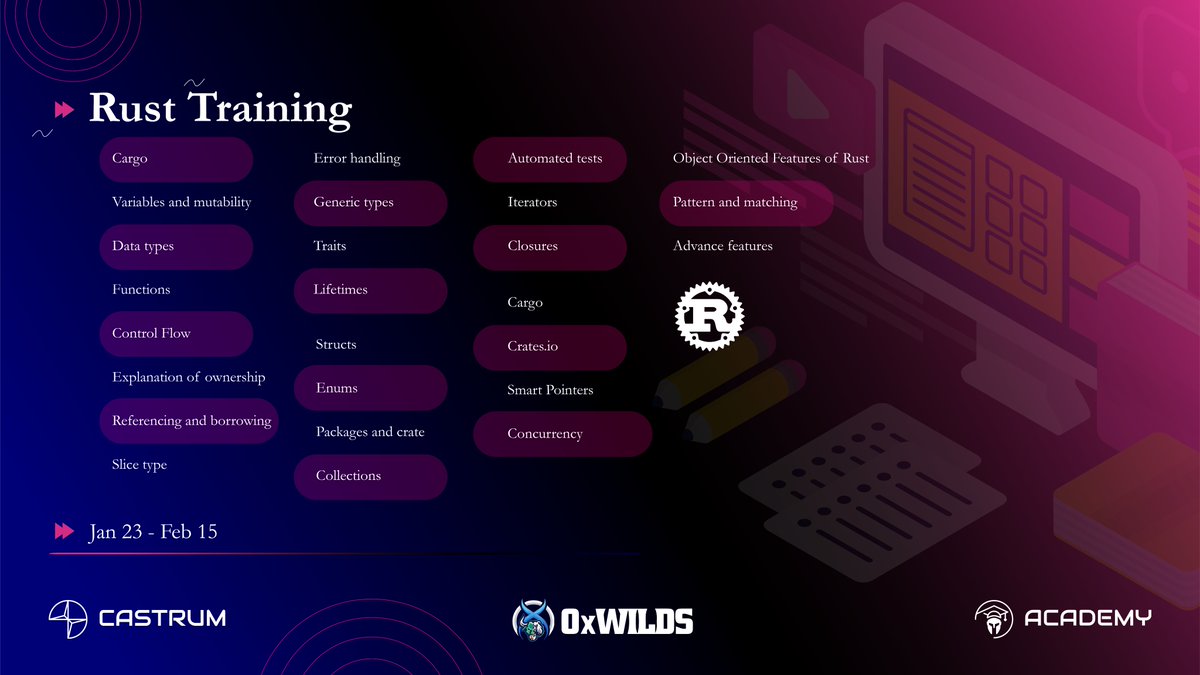 castrumacademy's tweet photo. Between the dates of Jan 23 and Feb 15, our partner @0xWilds will provide online education for Rust language and Coswasm in coordination with @castrumacademy. Here is the curriculum.

@castrumistanbul  @cryptodataspace 
 #Web3Camp #rustlang #blockchaindeveloper #CosmWasm https://t.co/DHw9YLr9hk