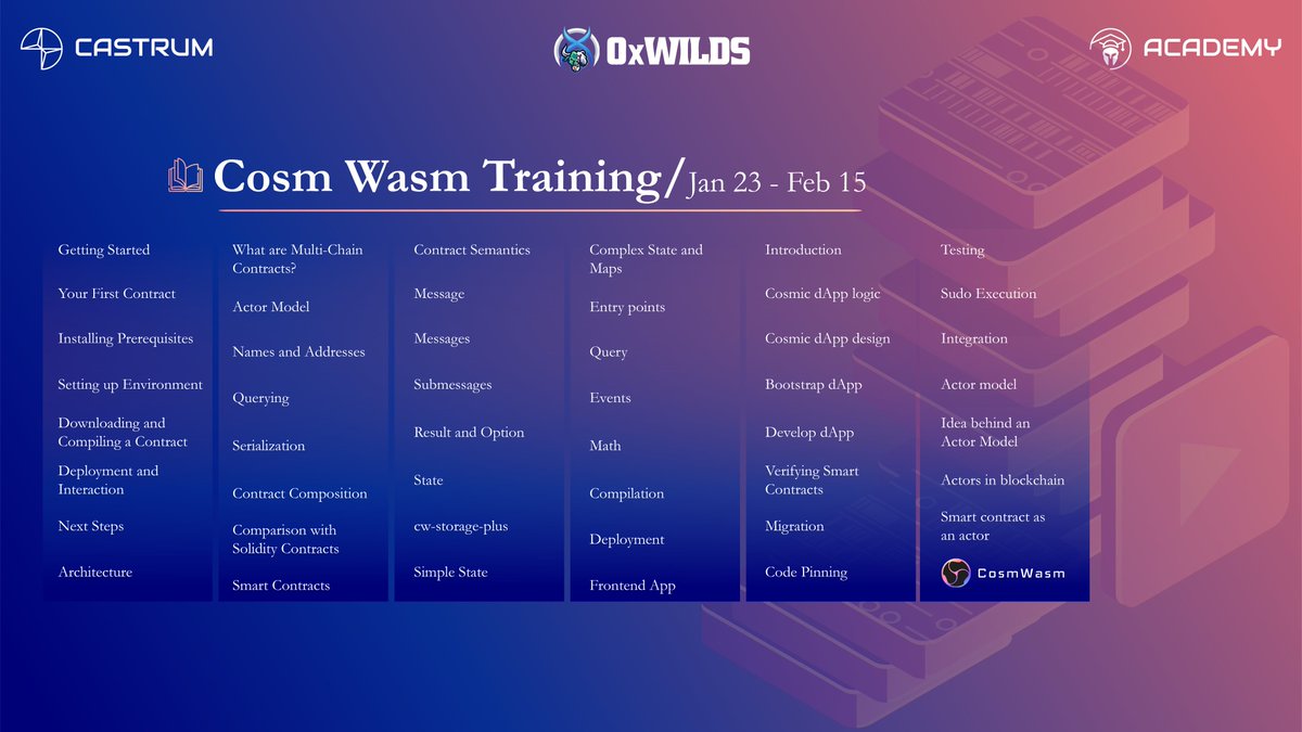 castrumacademy's tweet photo. Between the dates of Jan 23 and Feb 15, our partner @0xWilds will provide online education for Rust language and Coswasm in coordination with @castrumacademy. Here is the curriculum.

@castrumistanbul  @cryptodataspace 
 #Web3Camp #rustlang #blockchaindeveloper #CosmWasm https://t.co/DHw9YLr9hk