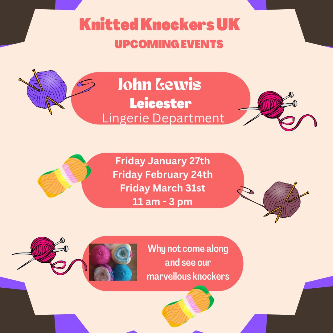 Knitted Knockers UK (@knitknockersuk) on Twitter photo We are promoting our wonderful knockers, thanks to the lovely people @John Lewis, Leicester. Why not pop along and see the amazing array of knitted loveliness. See the picture for dates xx ππTH #JohnLewis #Leicester #BreastCancer #KnittedKnockersUK #Mastectomy #BreastProsthetic We are promoting our wonderful knockers, thanks to the lovely people @John Lewis, Leicester. Why not pop along and see the amazing array of knitted loveliness. See the picture for dates xx ππTH #JohnLewis #Leicester #BreastCancer #KnittedKnockersUK #Mastectomy #BreastProsthetic