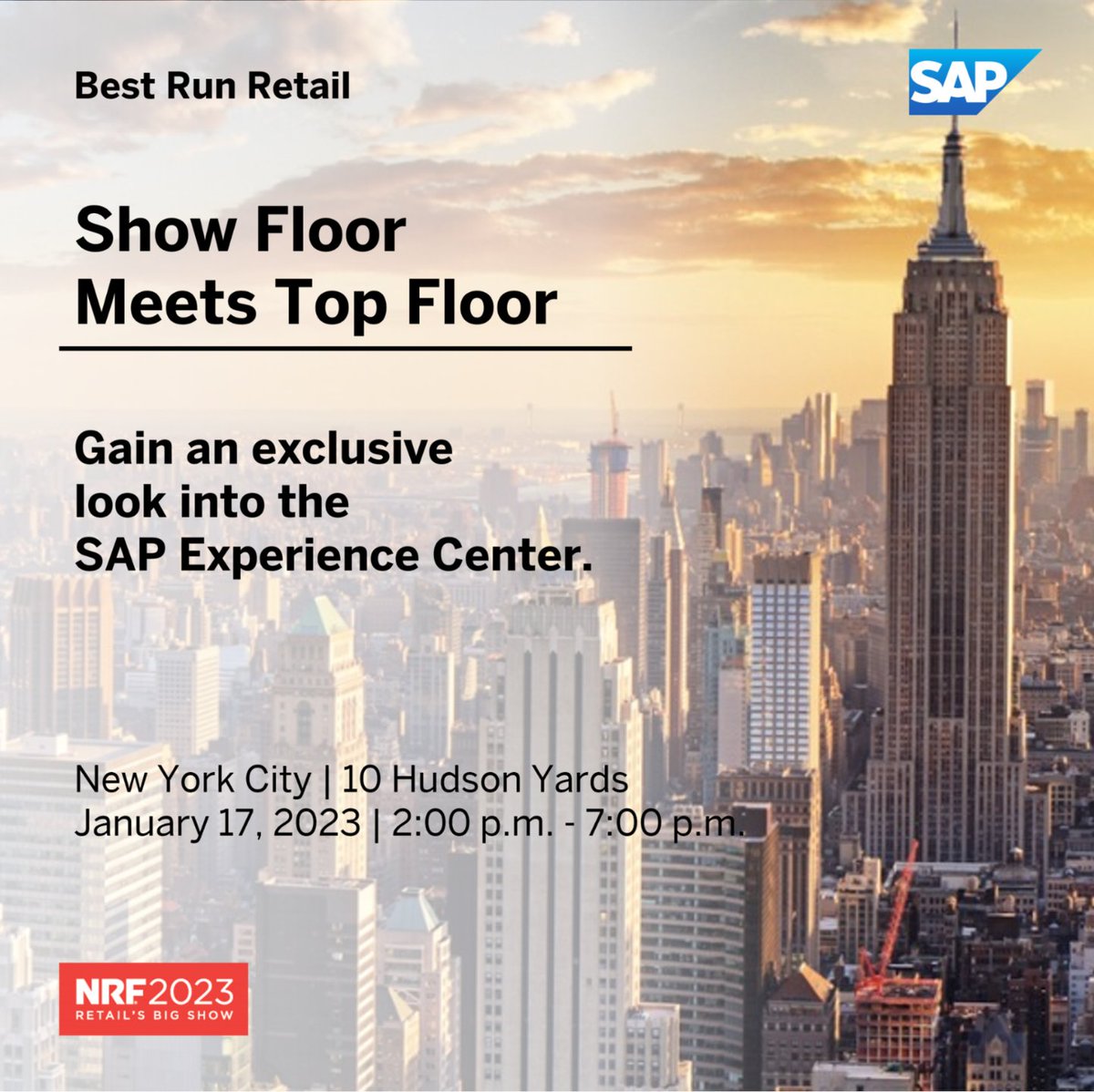 Hear first-hand from our customers on their innovation and growth strategy with SAP. Gain an exclusive look into the SAP Experience Center. Reserve your spot to enjoy the spectacular views of New York City’s skyline 🏙️ from Hudson Yards imsap.co/60123VYva #NRF2023